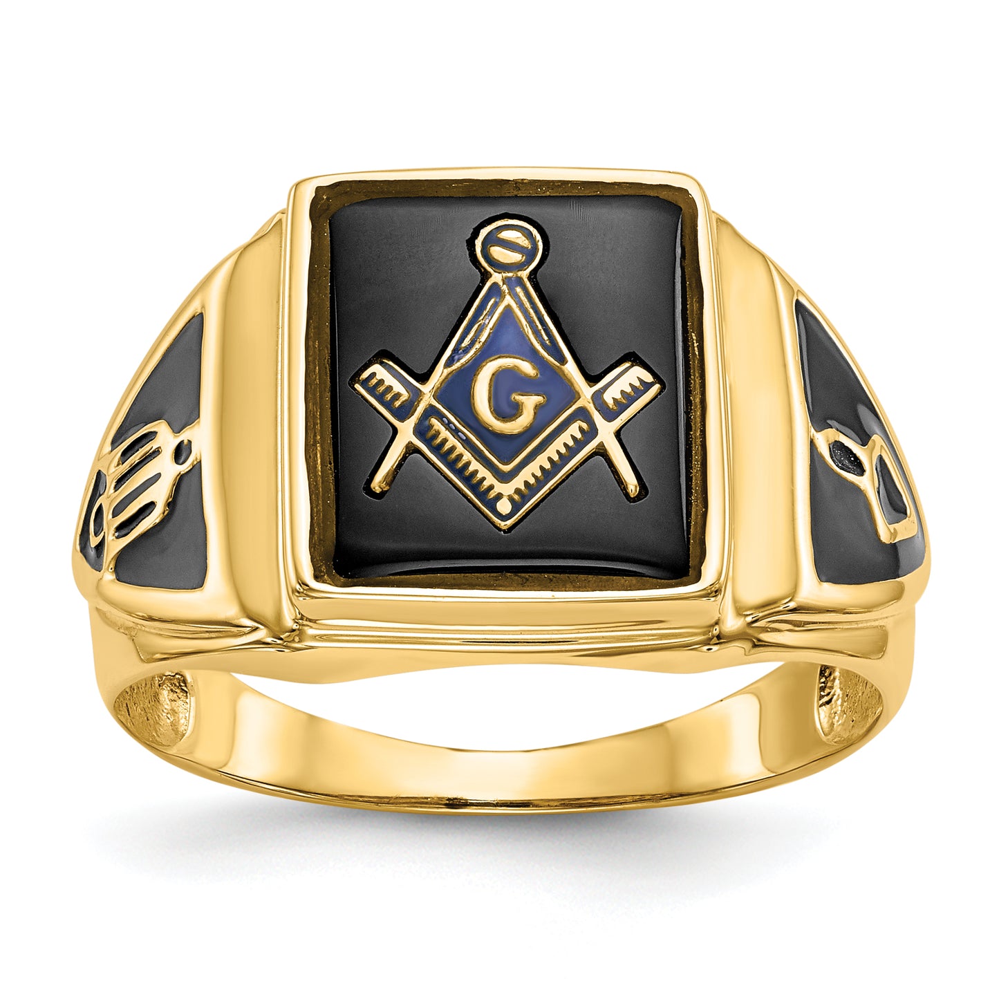 14K Yellow Gold Onyx Working Tools Masonic Mens Ring Y4098M