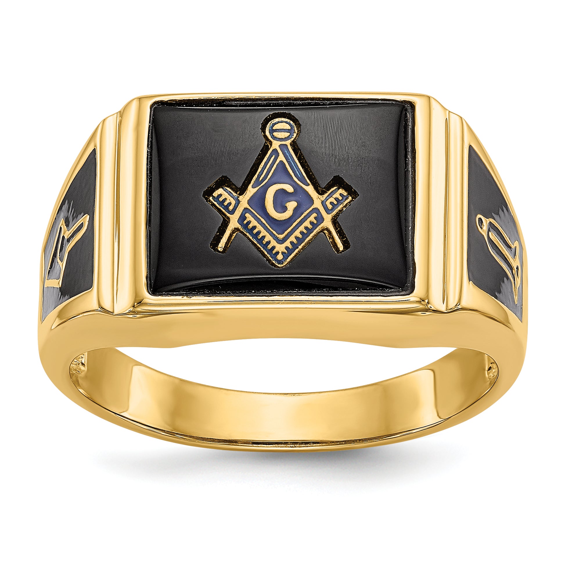 14K Yellow Gold Rectangle Onyx Masonic Mens Ring Y4108M