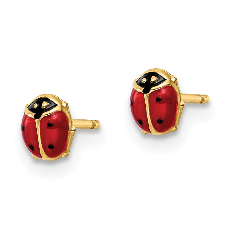 Pair of 14K gold enamel ladybug studs shown front and side
