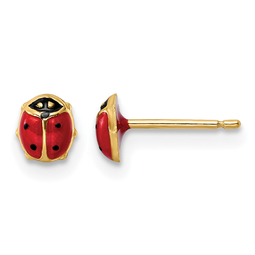14K yellow gold ladybug stud earrings with red and black enamel