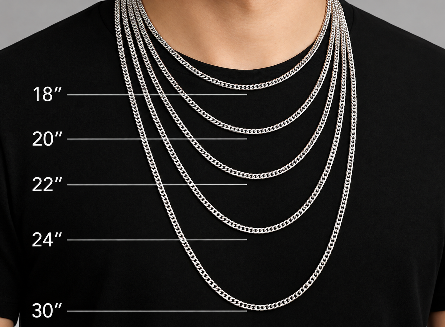 Men's chain length size chart showing 18, 20, 22, 24 and 30 inch necklaces worn