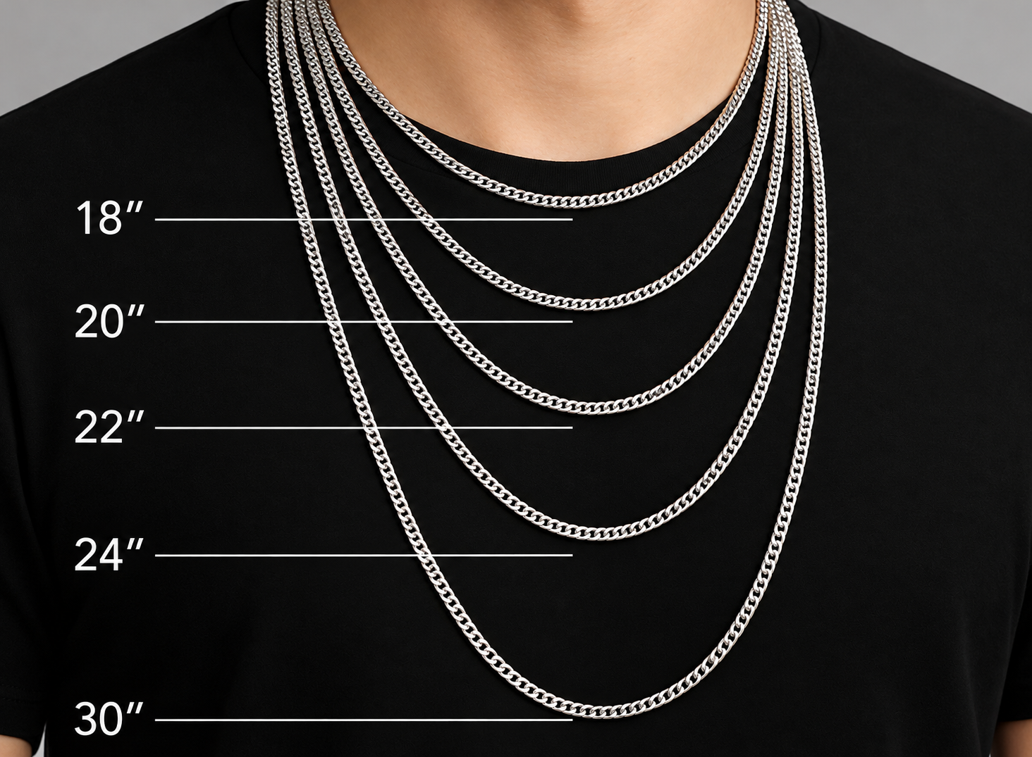 Men's chain length size chart showing 18, 20, 22, 24 and 30 inch necklaces worn