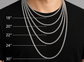 Men's chain length size chart showing 18, 20, 22, 24 and 30 inch necklaces worn