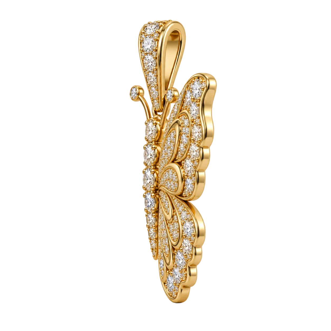 Custom gold and diamond Butterfly pendant side profile