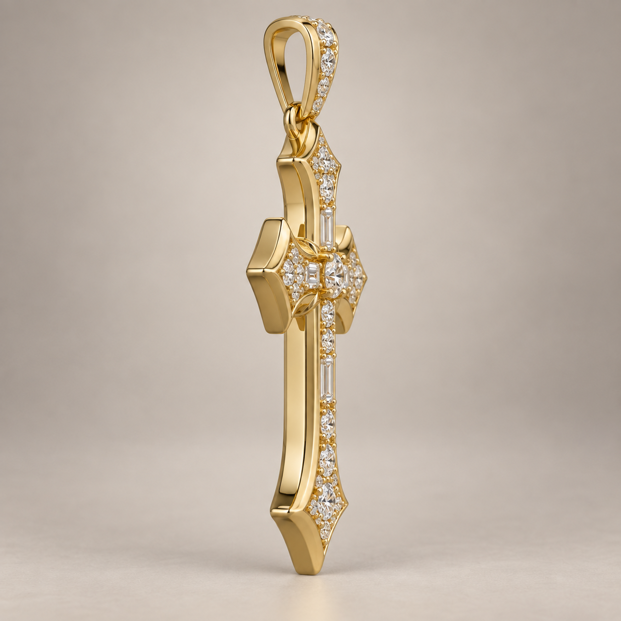 Custom gold and diamond Cross pendant side profile