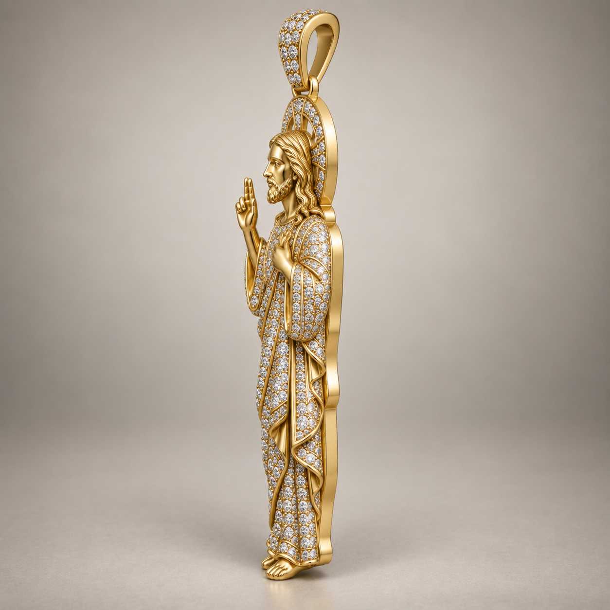 Custom gold and diamond Jesus pendant side profile