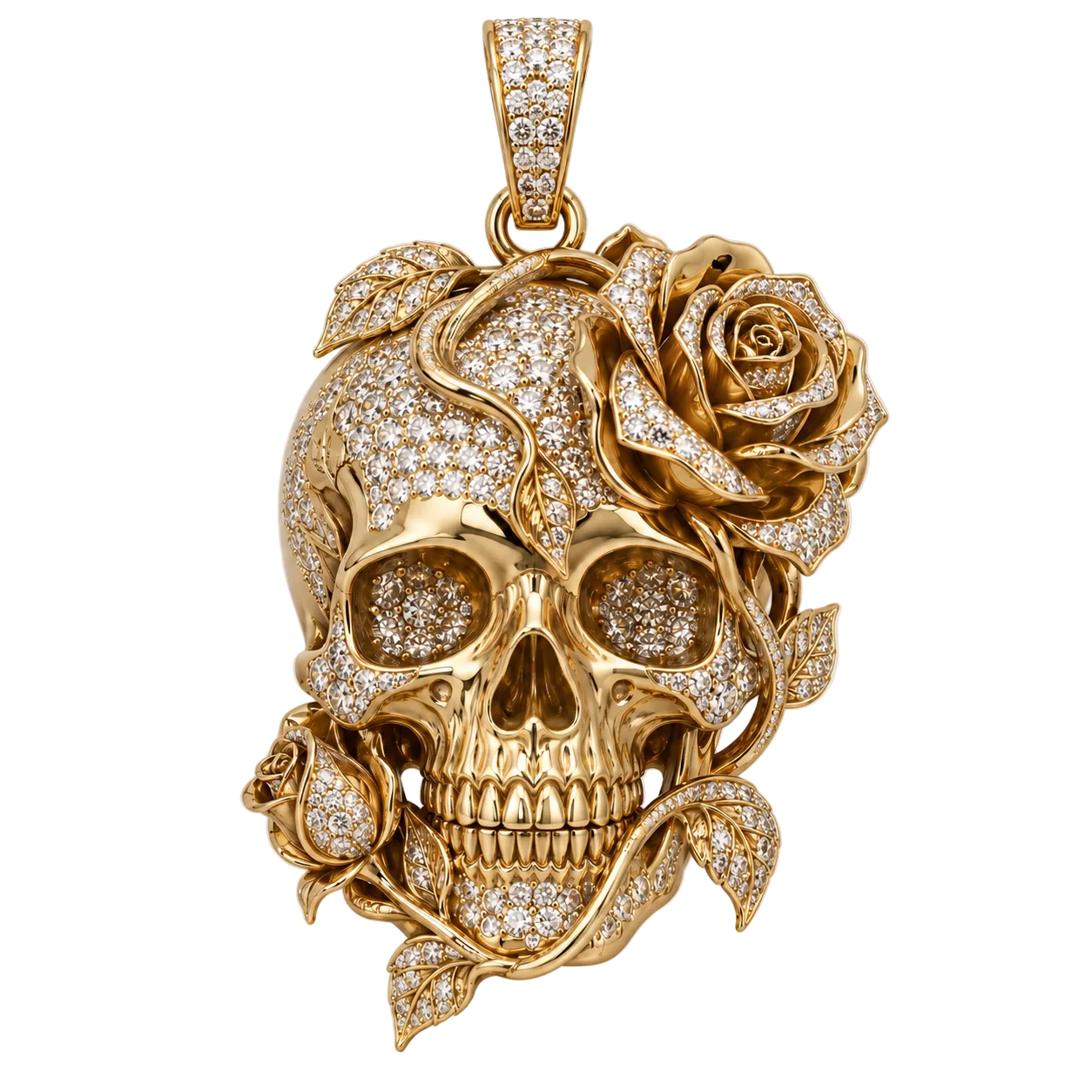 Custom gold and diamond Skull and Rose pendant