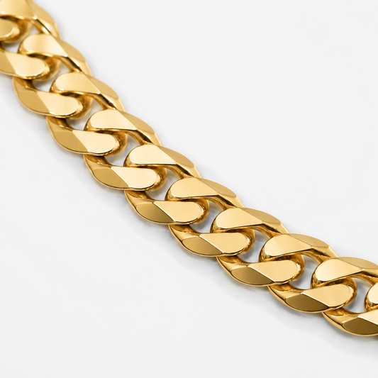 Real gold Miami Cuban link chain, diagonal view of the full chain