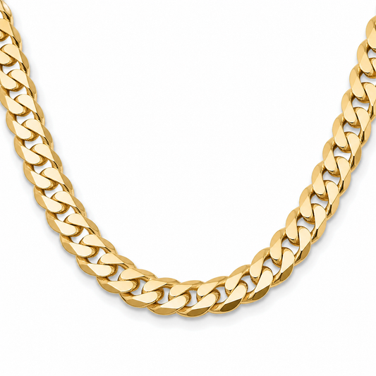 Real gold Miami Cuban link chain, front view on a white background