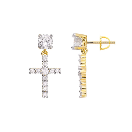 Gold moissanite hanging cross drop earrings