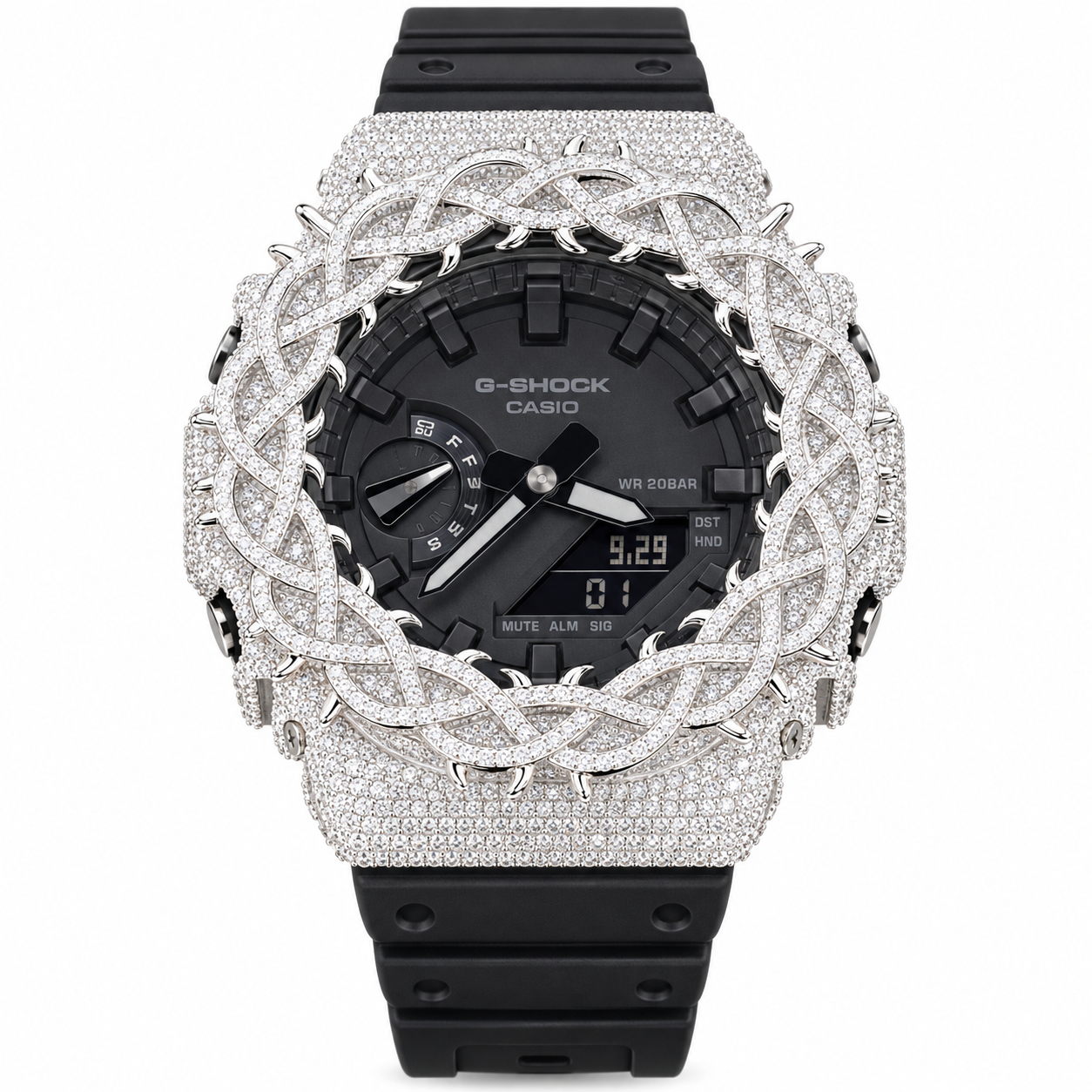 Iced Out Moissanite G-Shock GA-2100 Watch – Braided Link Bezel, Black Band