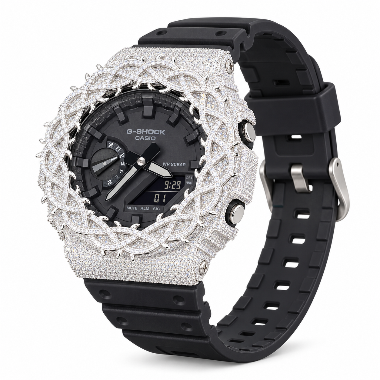 Iced Out Moissanite G-Shock GA-2100 Watch – Braided Link Bezel, Black Band