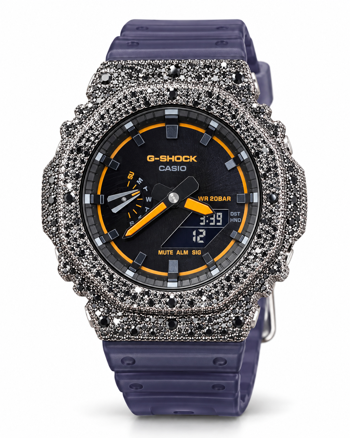 Iced out G-Shock with blue smoke band and black stone pavé case
