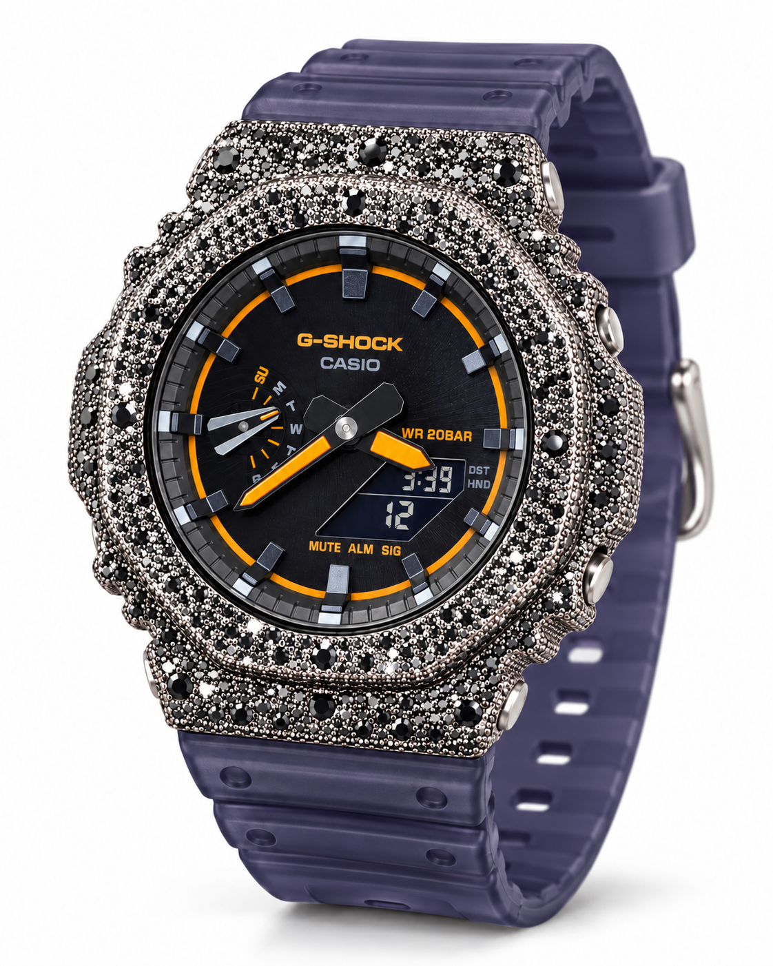 Iced out G-Shock with blue smoke band and black stone pavé case