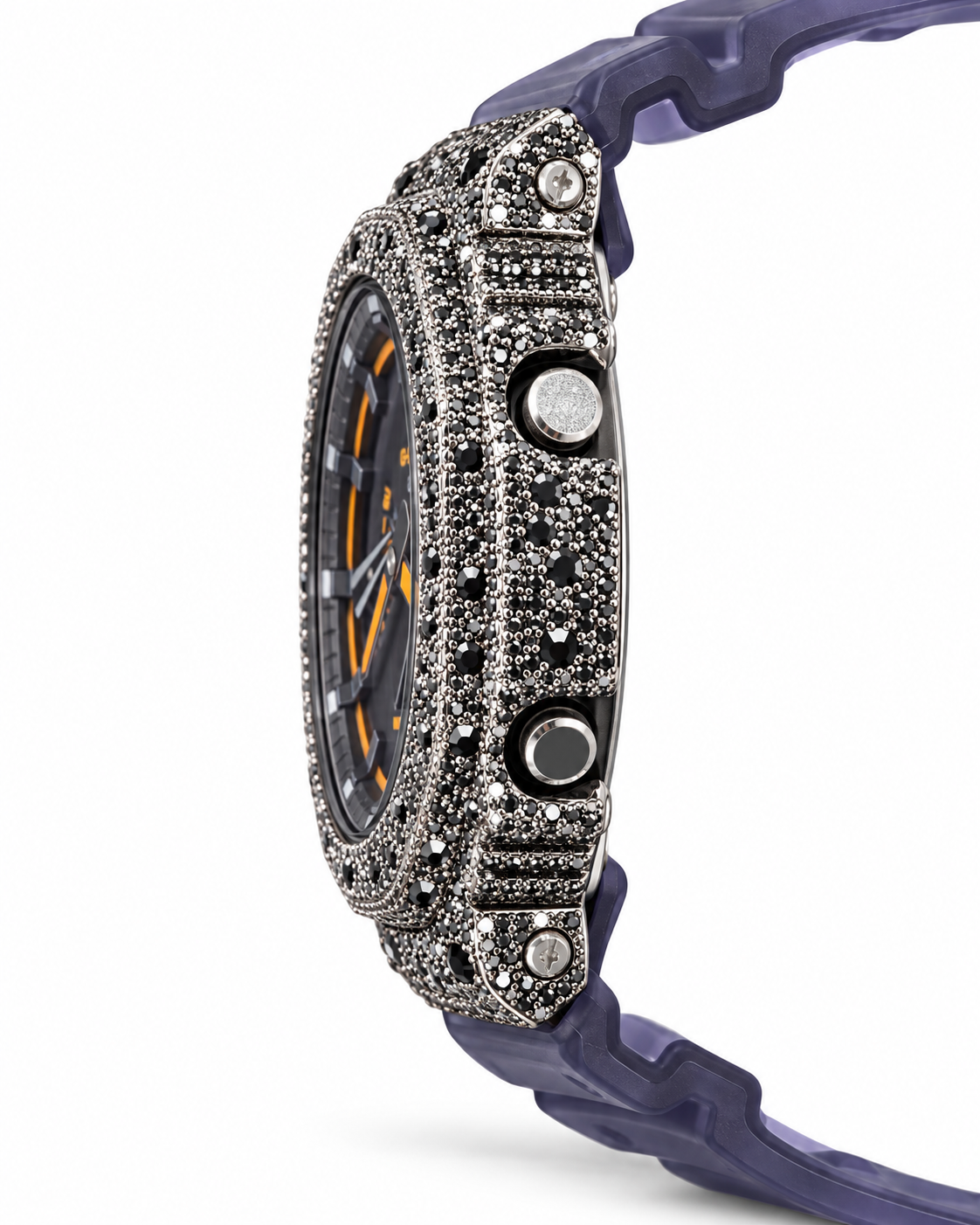 Iced out G-Shock with blue smoke band and black stone pavé case