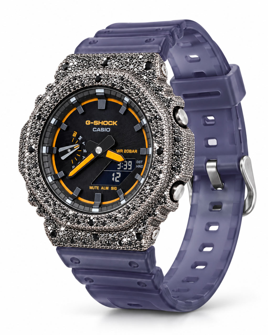 Iced out G-Shock with blue smoke band and black stone pavé case