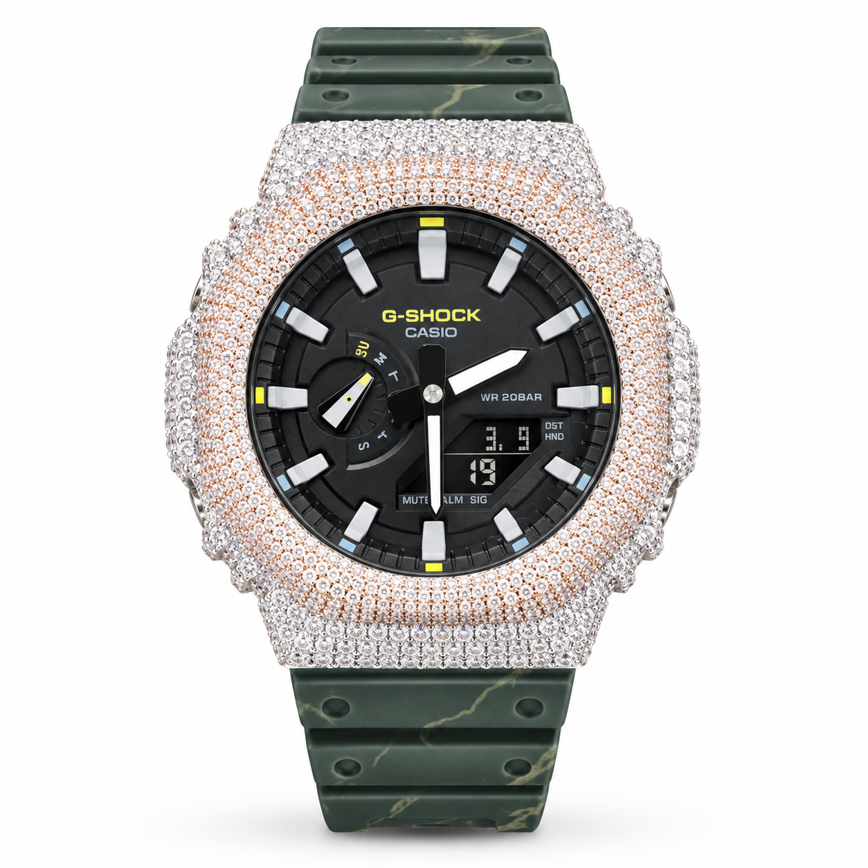 Iced Out Moissanite G-Shock GA-2100 Watch – Green Camo Band, Two-Tone Pavé Case