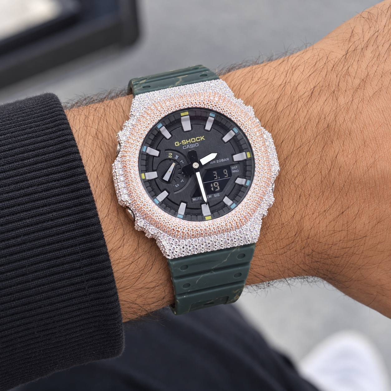 Iced Out Moissanite G-Shock GA-2100 Watch – Green Camo Band, Two-Tone Pavé Case