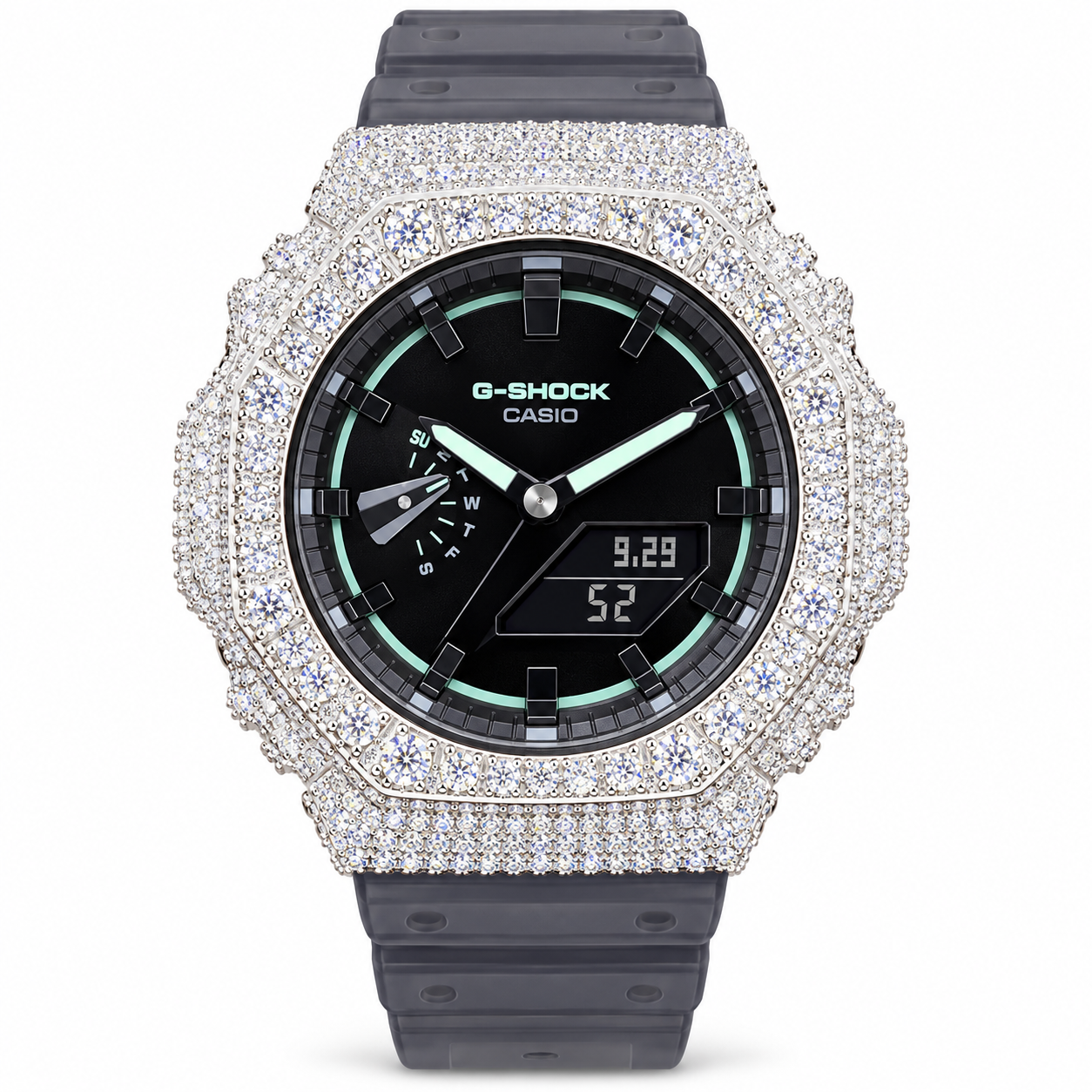 Iced Out Moissanite G-Shock GA-2100 Watch – Mint Accent Dial, Smoke Band