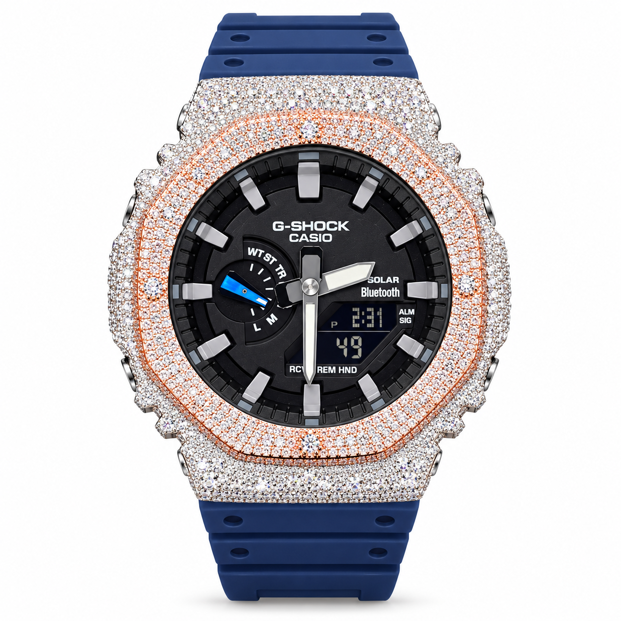 Iced Out G-Shock Solar Bluetooth Watch – Navy Band, Two-Tone Pavé Case