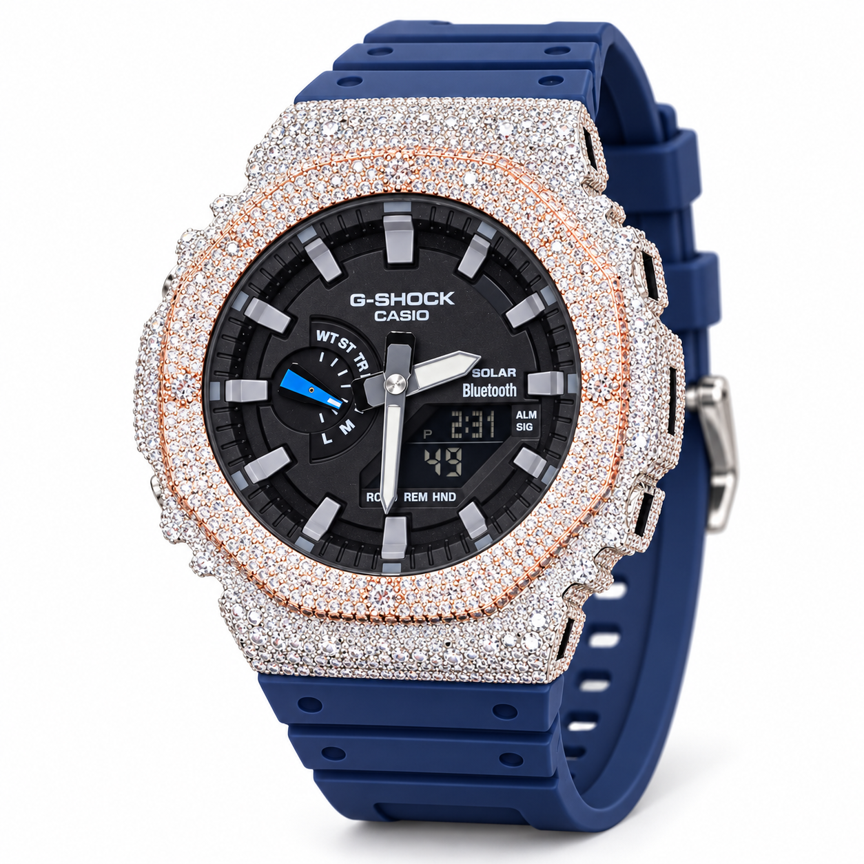 Iced Out G-Shock Solar Bluetooth Watch – Navy Band, Two-Tone Pavé Case