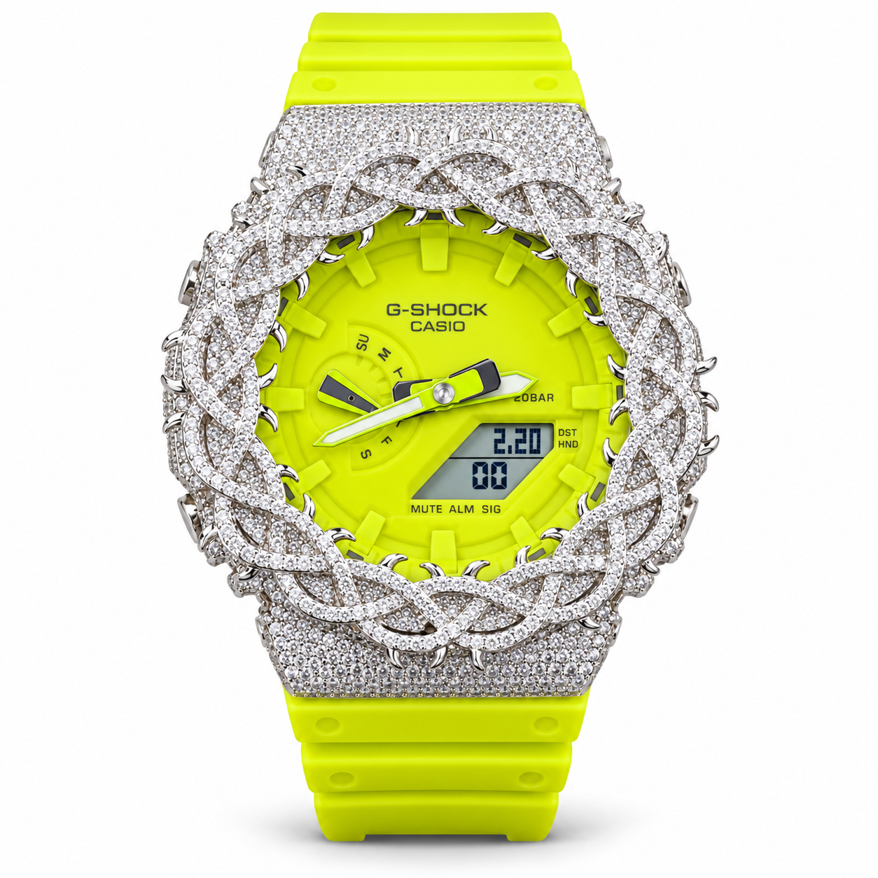Iced out G-Shock neon lime watch with braided pavé bezel