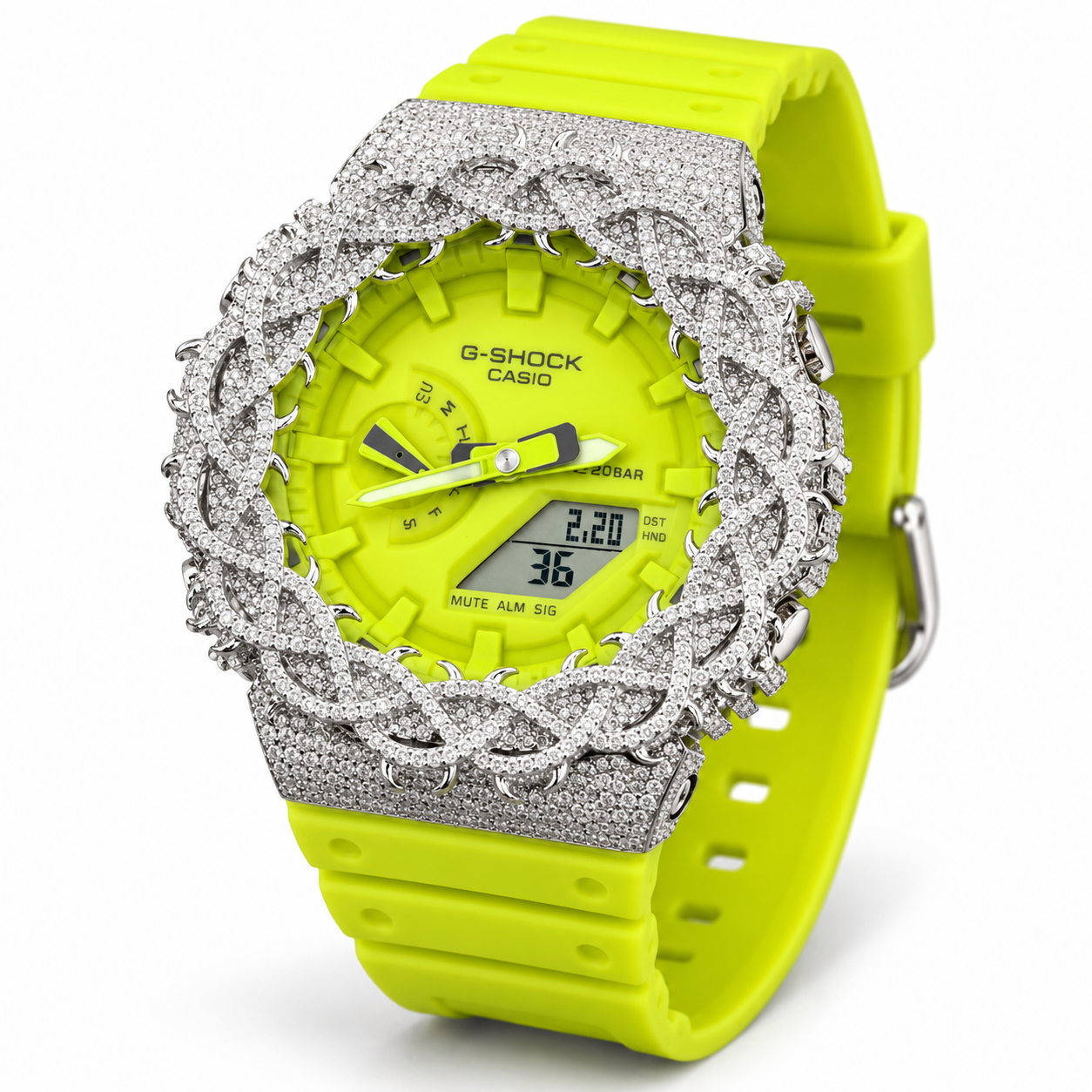 Iced out G-Shock neon lime watch with braided pavé bezel