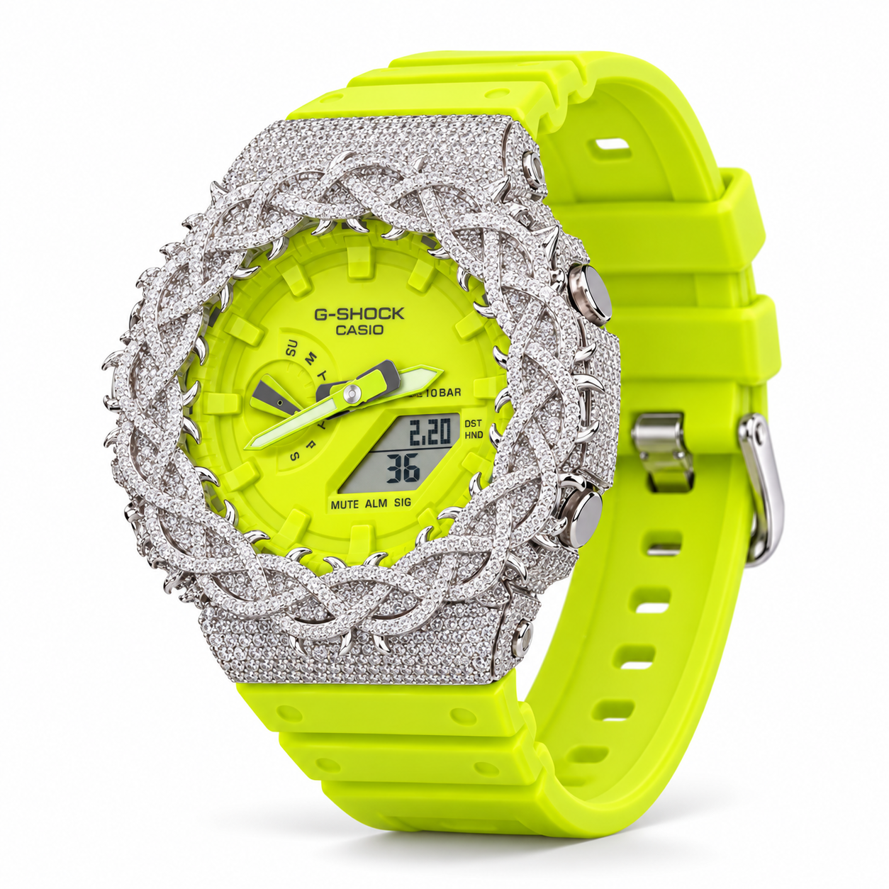 Iced out G-Shock neon lime watch with braided pavé bezel