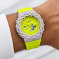 Iced out G-Shock neon lime watch with braided pavé bezel