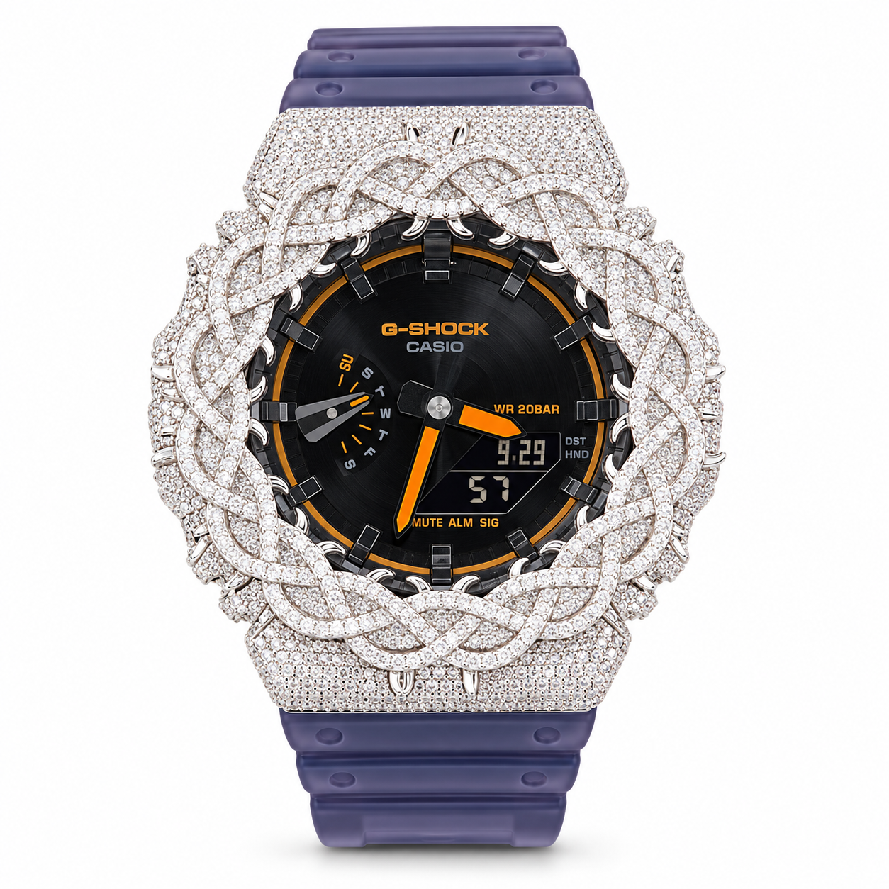 Iced Out Moissanite G-Shock GA-2100 Watch – Purple Band, Orange Dial, Braided Bezel