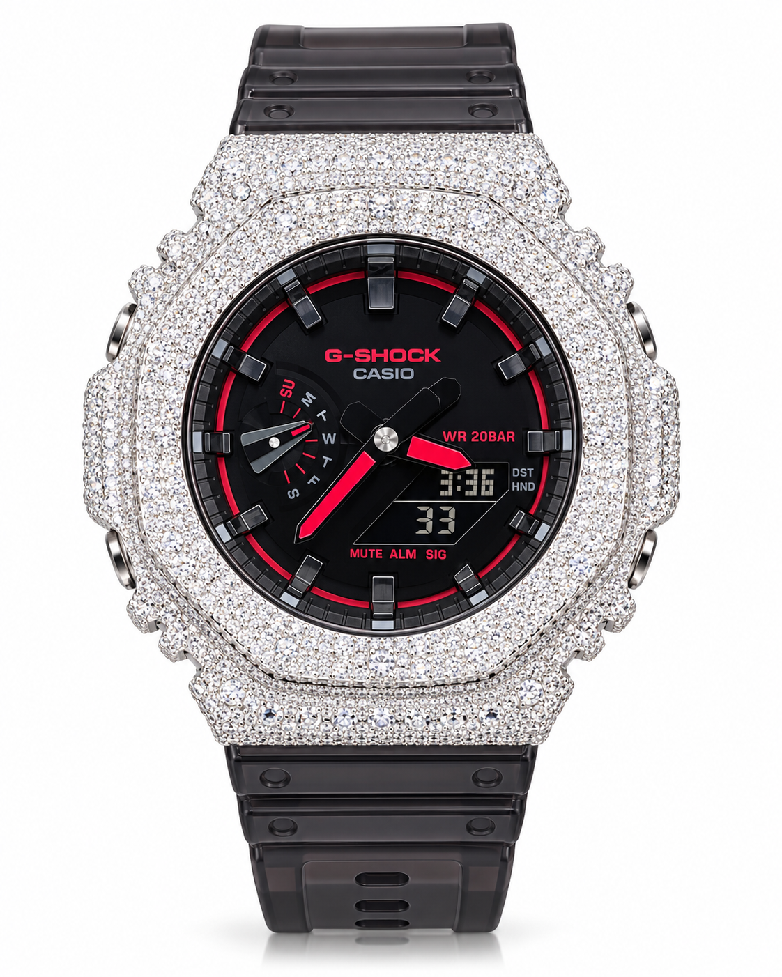 Iced Out Moissanite G-Shock GA-2100 Watch – Red Accent Dial, Black Band