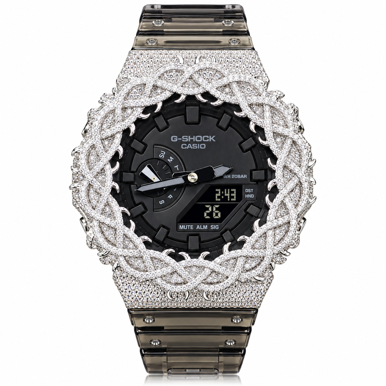Iced Out Moissanite G-Shock GA-2100 Watch – Smoky Clear Band, Braided Link Bezel