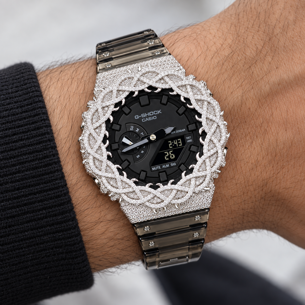 Iced Out Moissanite G-Shock GA-2100 Watch – Smoky Clear Band, Braided Link Bezel