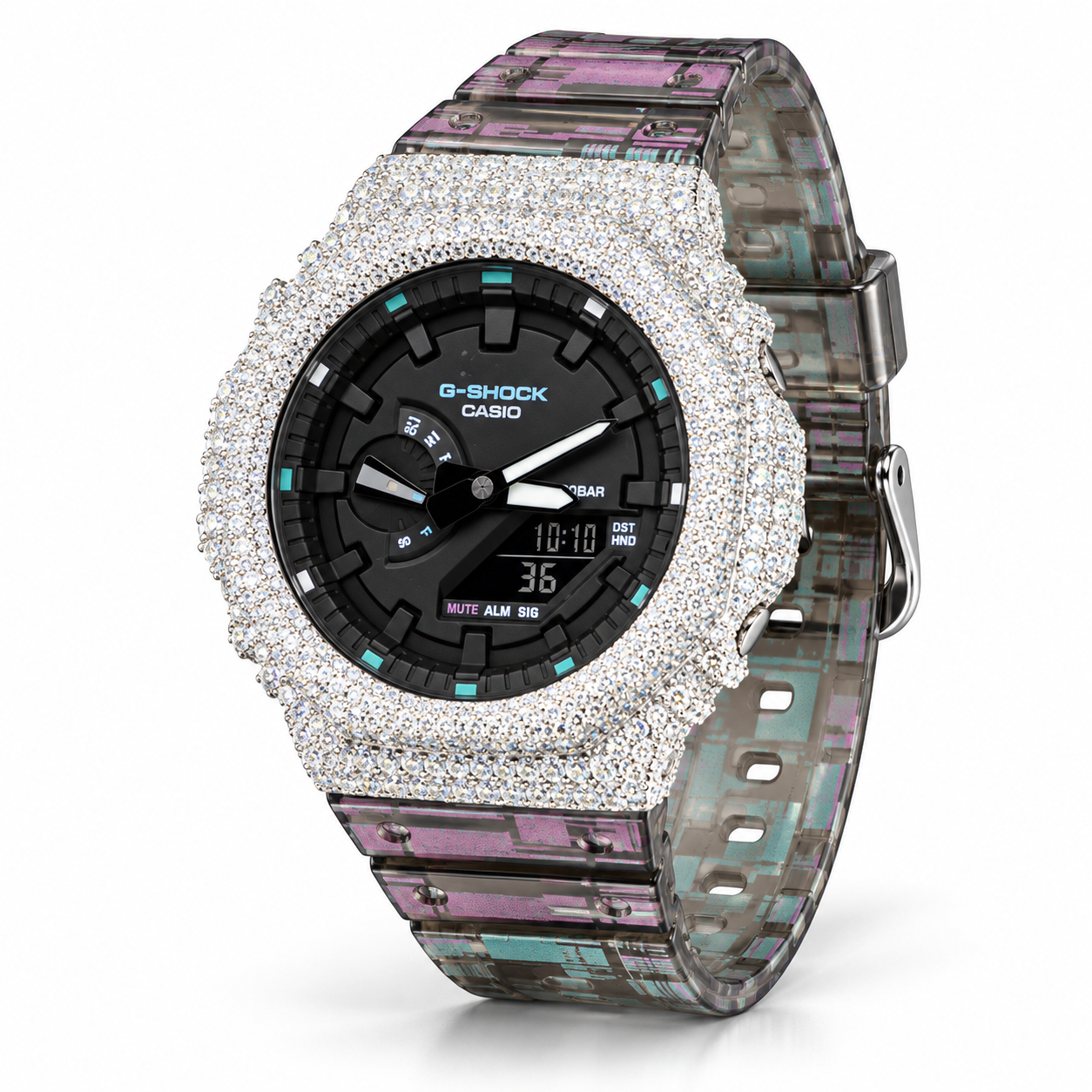Iced out G-Shock watch with smoky patterned transparent band - angle