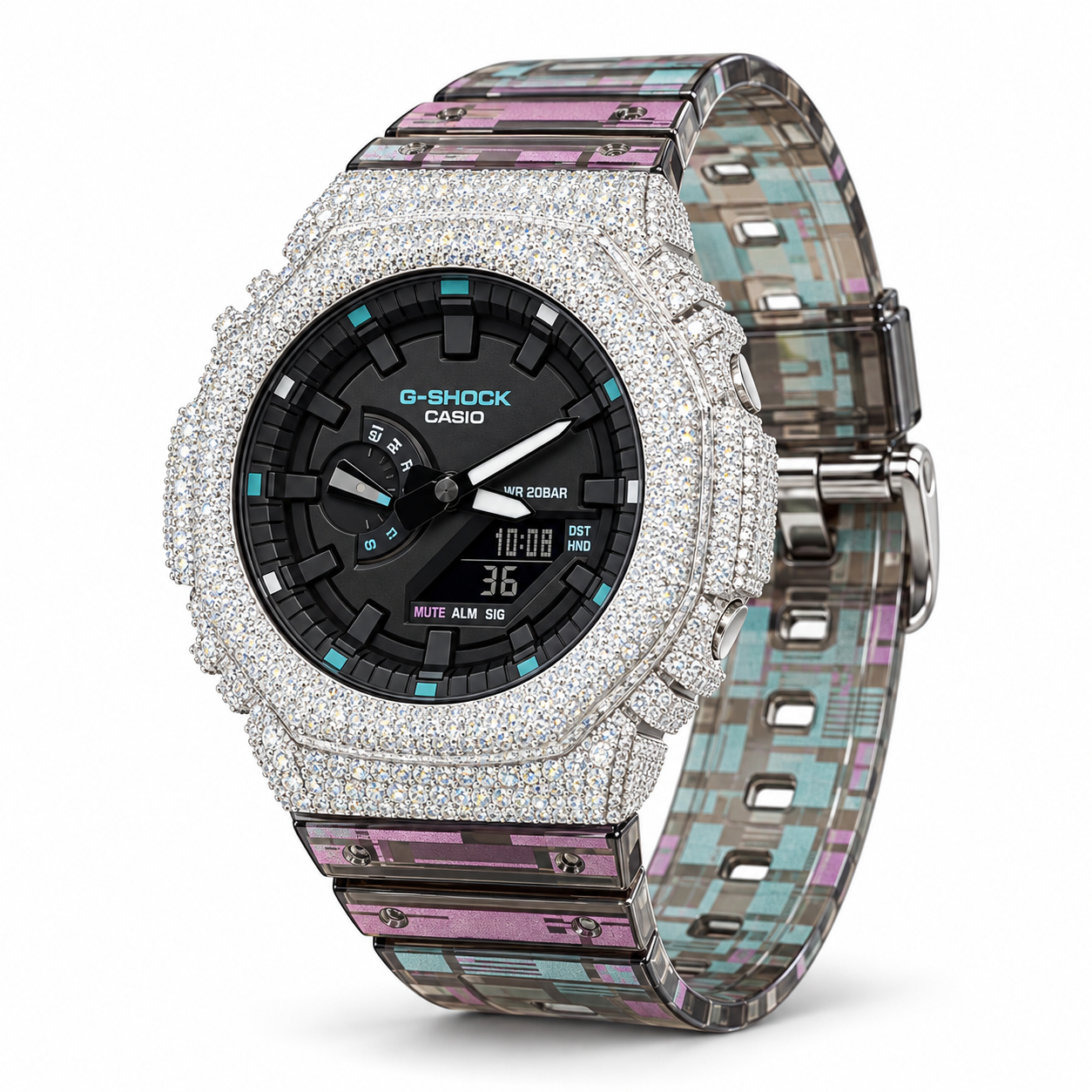 Iced out G-Shock watch with black dial and patterned transparent band - alternate angle