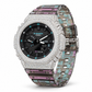 Iced out G-Shock watch with black dial and patterned transparent band - alternate angle