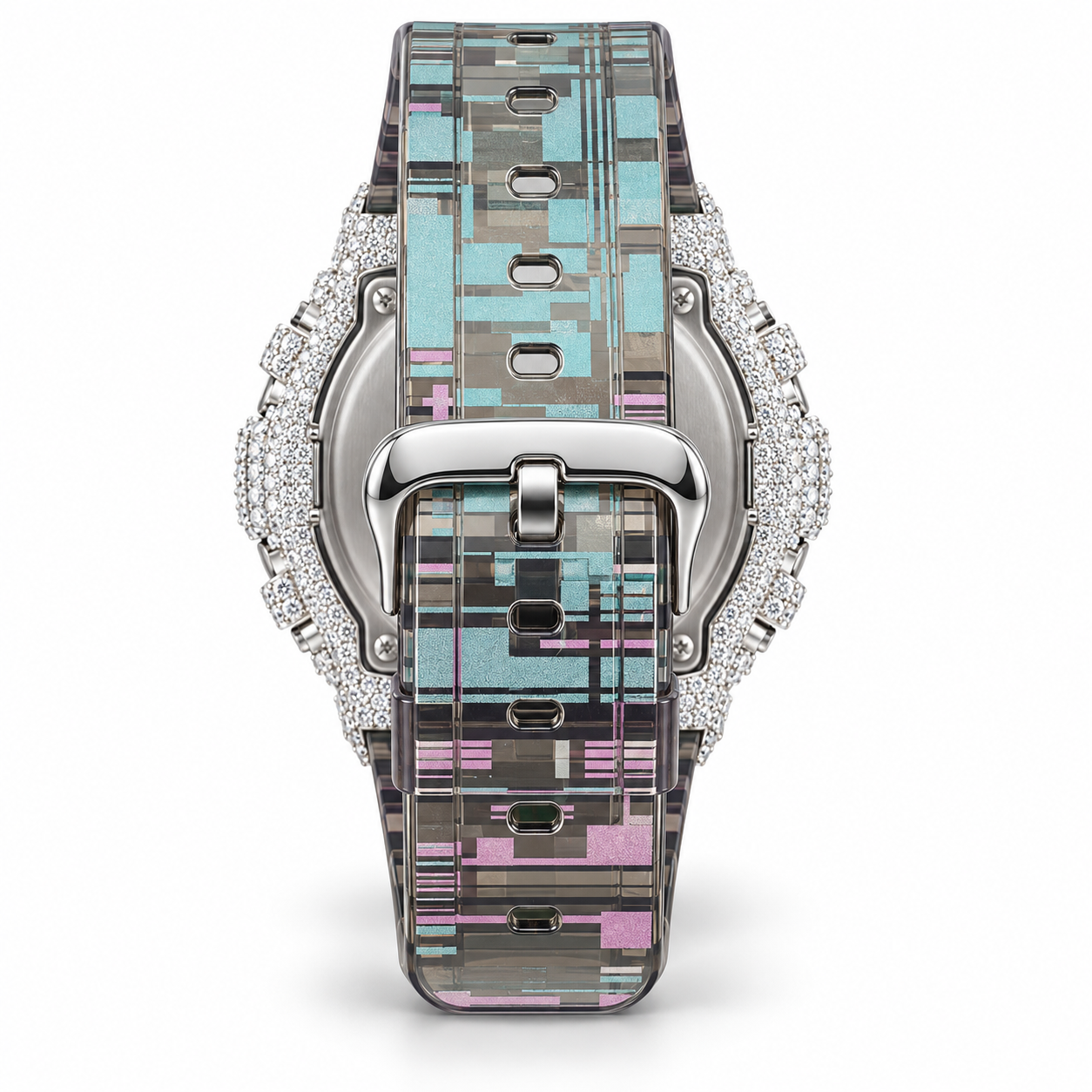 Iced out G-Shock watch with circuit pattern transparent strap - back