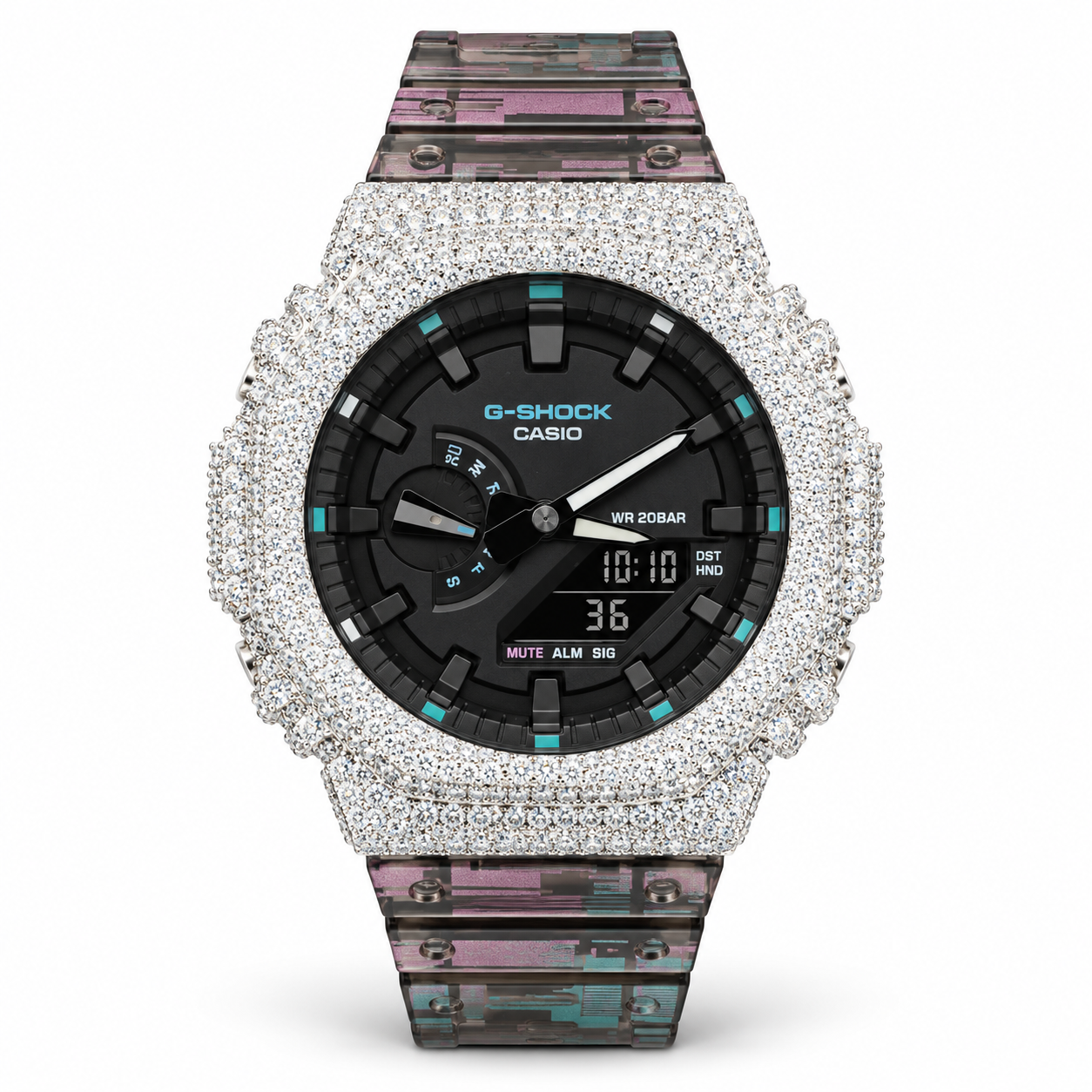 Iced out G-Shock watch with smoky patterned transparent band and black dial - front