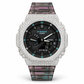 Iced out G-Shock watch with smoky patterned transparent band and black dial - front
