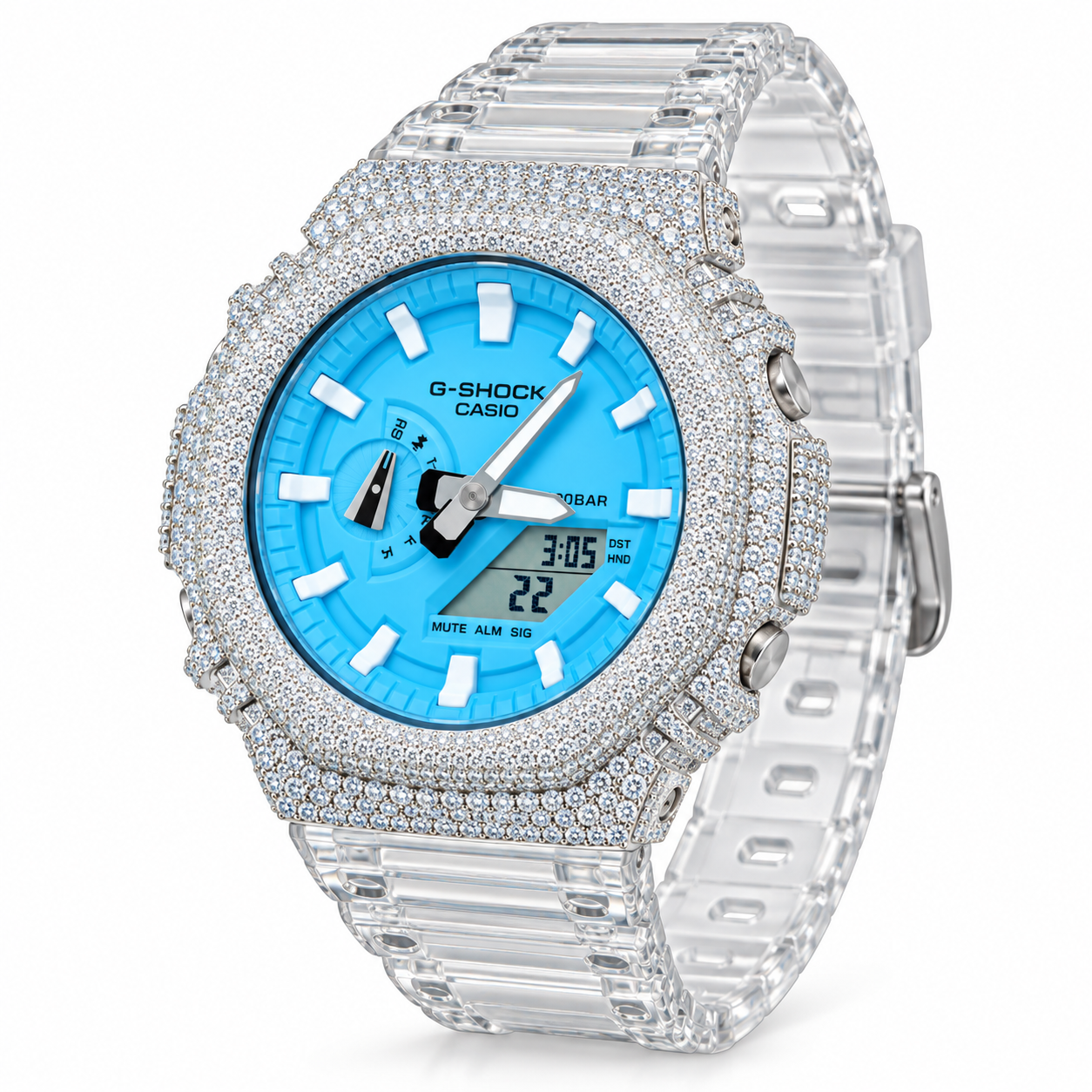 Iced out G-Shock watch with clear band and blue dial - angle