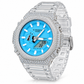 Iced out G-Shock watch with clear band and blue dial - angle