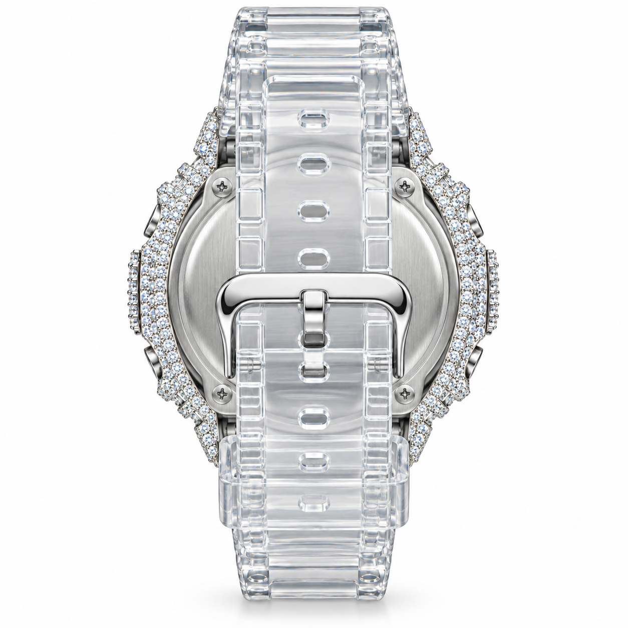 Iced out G-Shock watch with crystal clear strap - back
