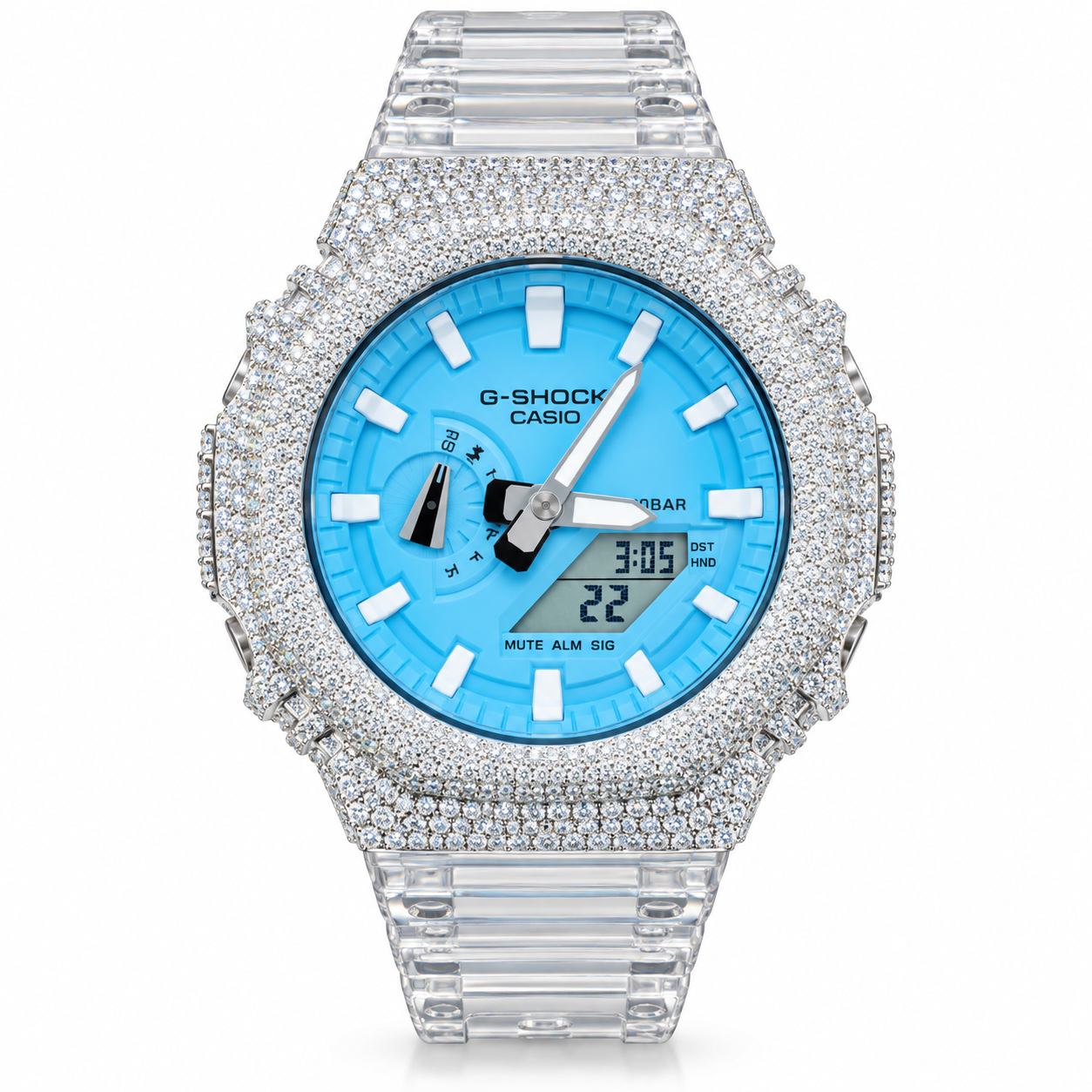 Iced out G-Shock watch with clear band and blue dial - front
