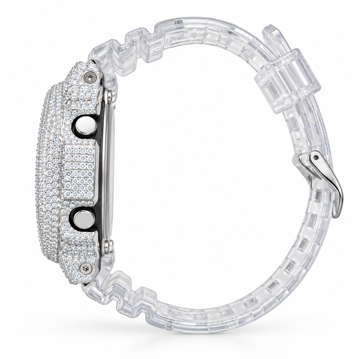 Iced out G-Shock watch with clear band - side view