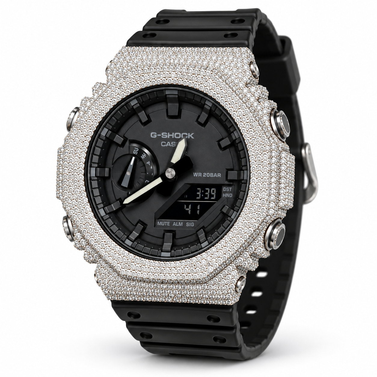 Custom iced out G-Shock GA-2100 CasiOak black dial angled view