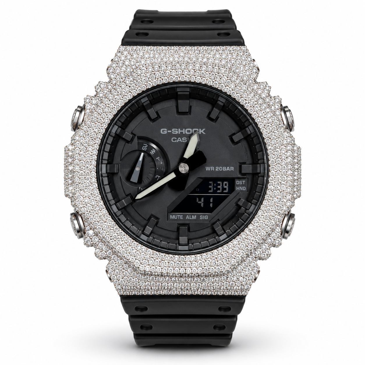 Iced out moissanite G-Shock GA-2100 black dial black band front view