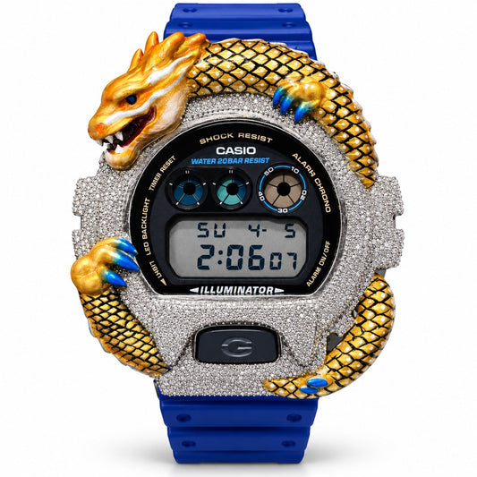 Iced out moissanite G-Shock DW-6900 watch with dragon bezel and blue band – front view