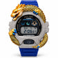 Iced out moissanite G-Shock DW-6900 watch with dragon bezel and blue band – front view