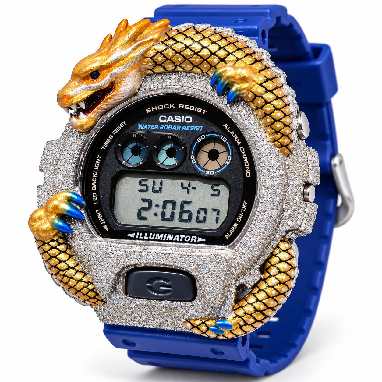Iced out moissanite G-Shock DW-6900 watch with dragon bezel and blue band – custom bust down G-Shock 6900