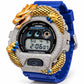 Iced out moissanite G-Shock DW-6900 watch with dragon bezel and blue band – custom bust down G-Shock 6900